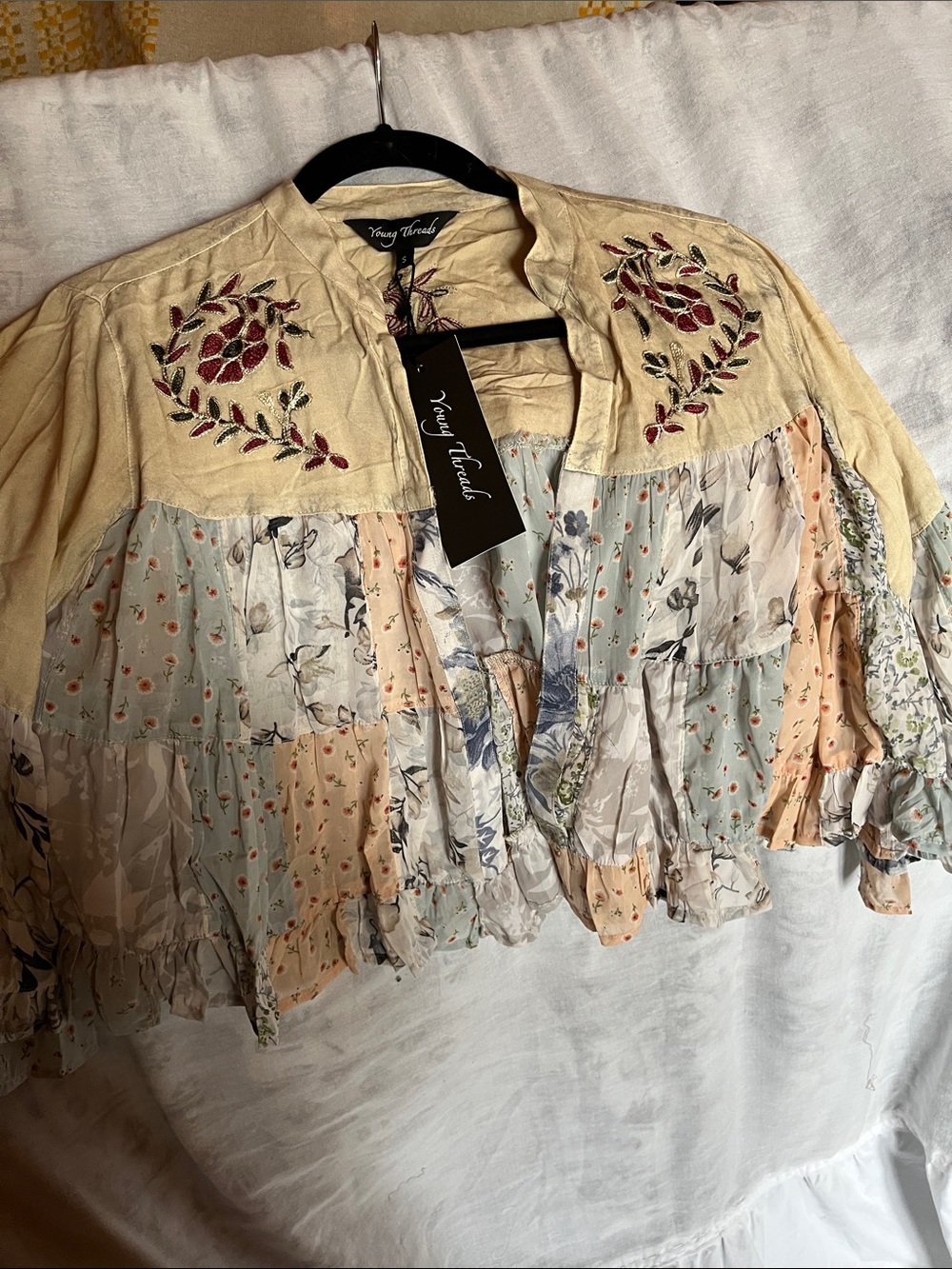 Young Threads Cream Embroidered Patchwork Ruffle Tunic 22”PTP goes to 24”